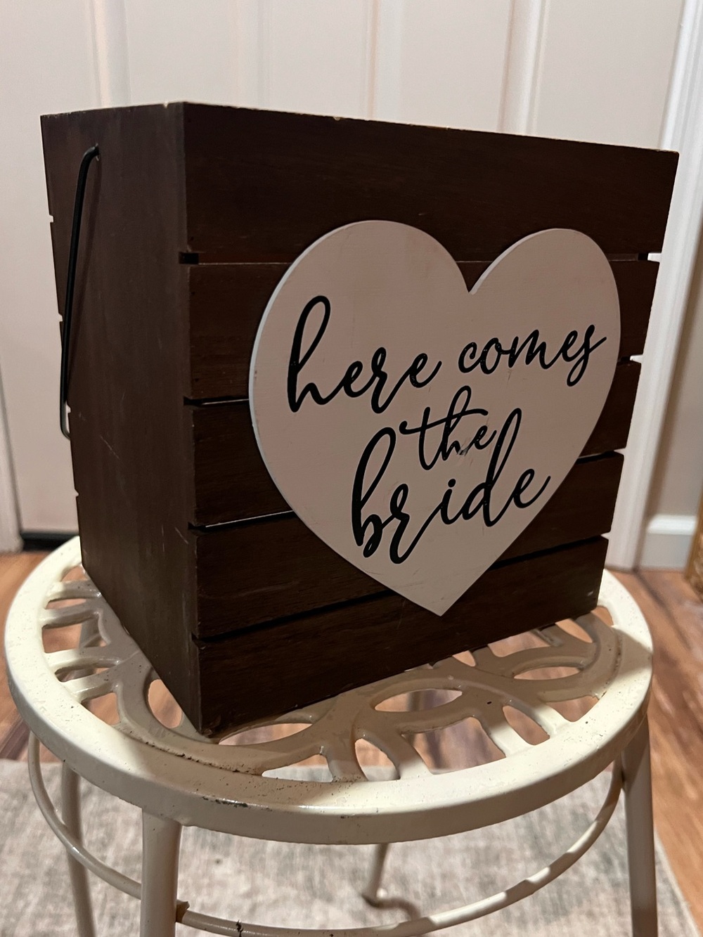 Rustic Brown 'Here Comes the Bride' Wooden Wedding Box with handle